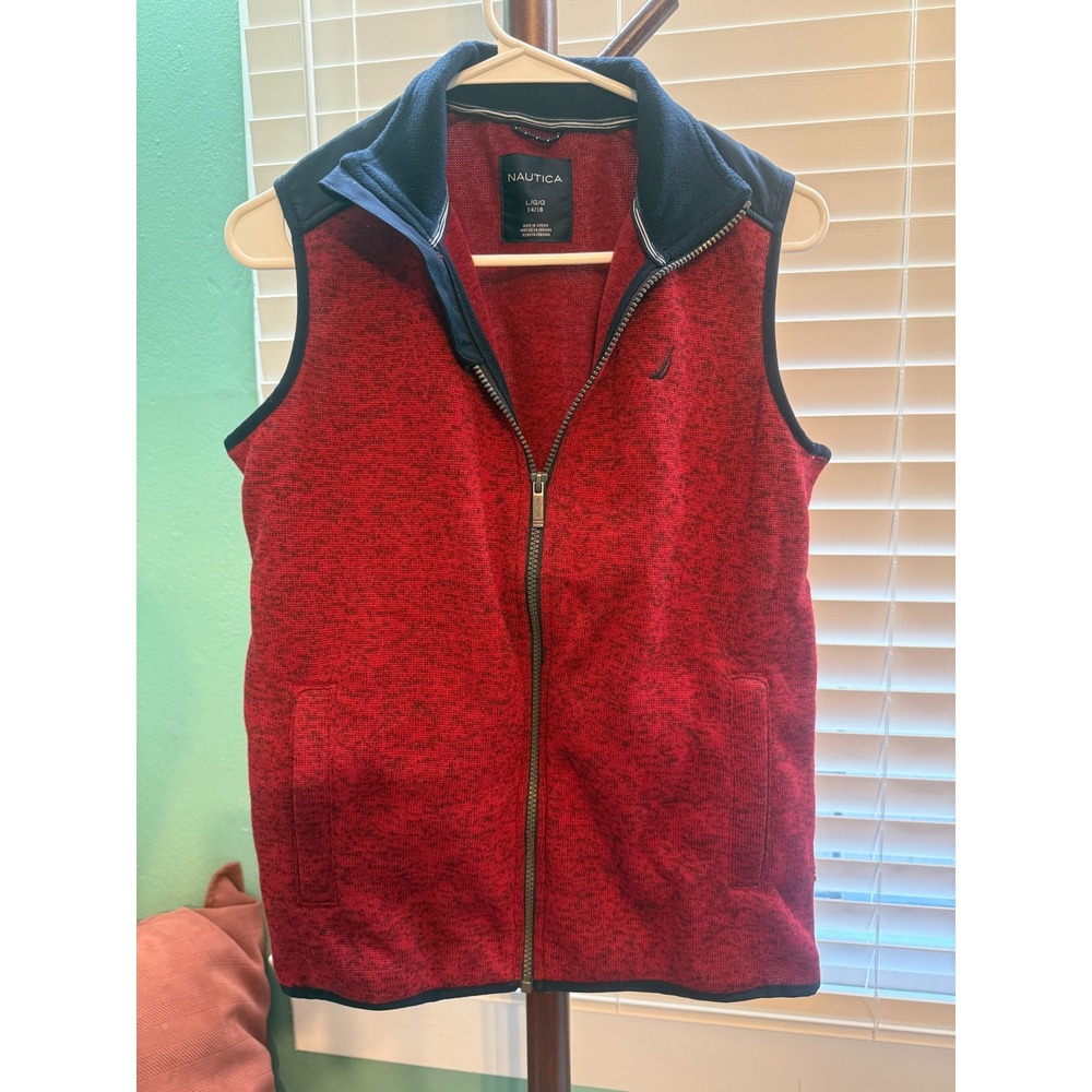 NEW Nautica Vest Womens L 14/16 Red Navy Full Zip Sweater Fleece Marled Logo NWT